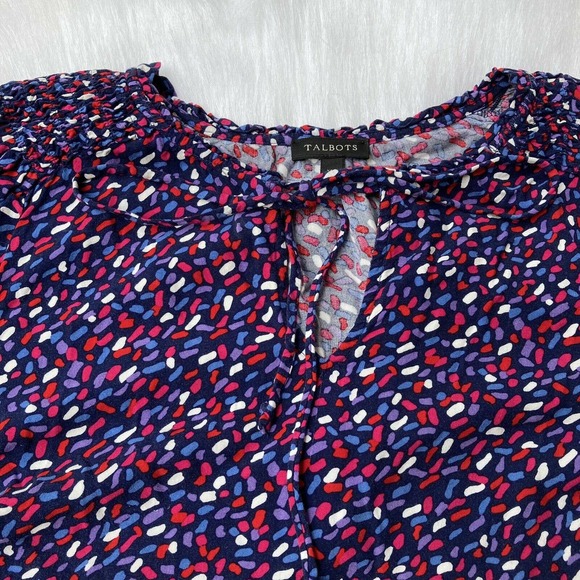 Talbots Blouse Sz XS Colorful Long Sleeve Smocked Fringe Tie Neck Elastic Womens - Picture 3 of 9